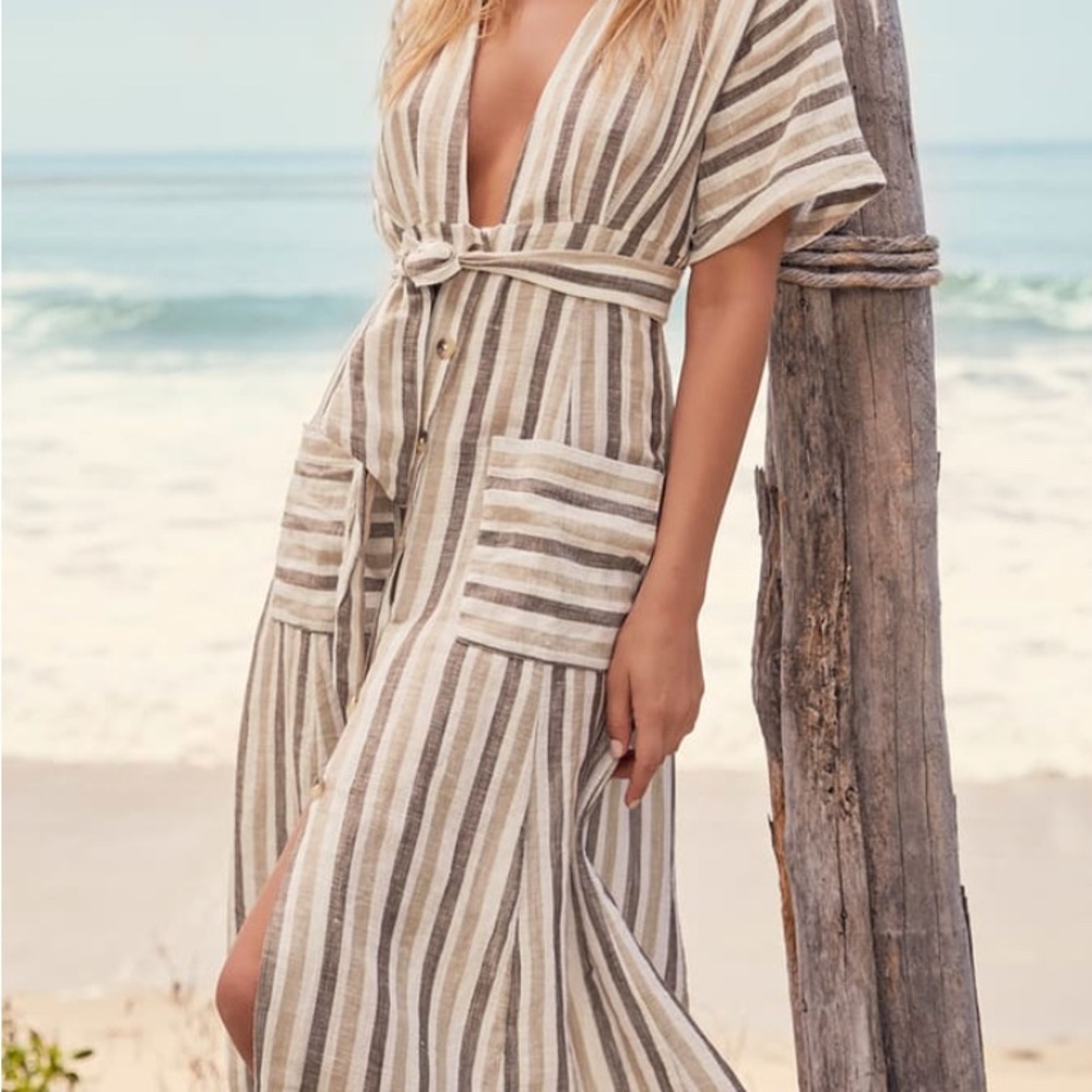 Free People Tan and White Midi Linen Dress